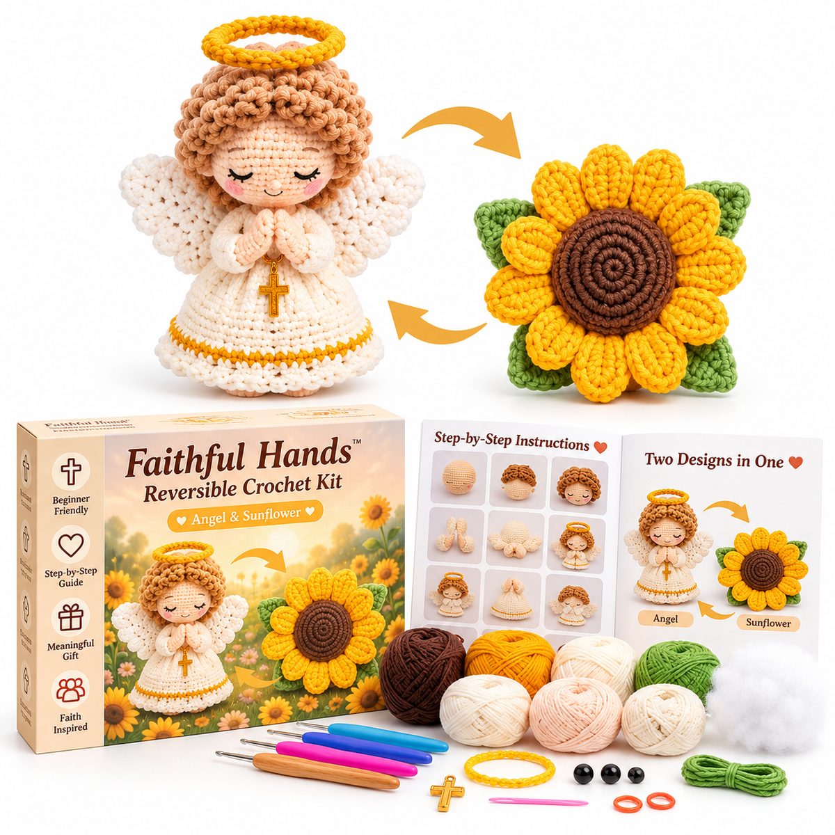 🙏✝️ Faithful Hands™ 2-in-1 Reversible Christian Crochet Kit – Jesus & Lamb, Angel & Sunflower, Mary & Lily | Meaningful DIY Faith Gifts ❤️