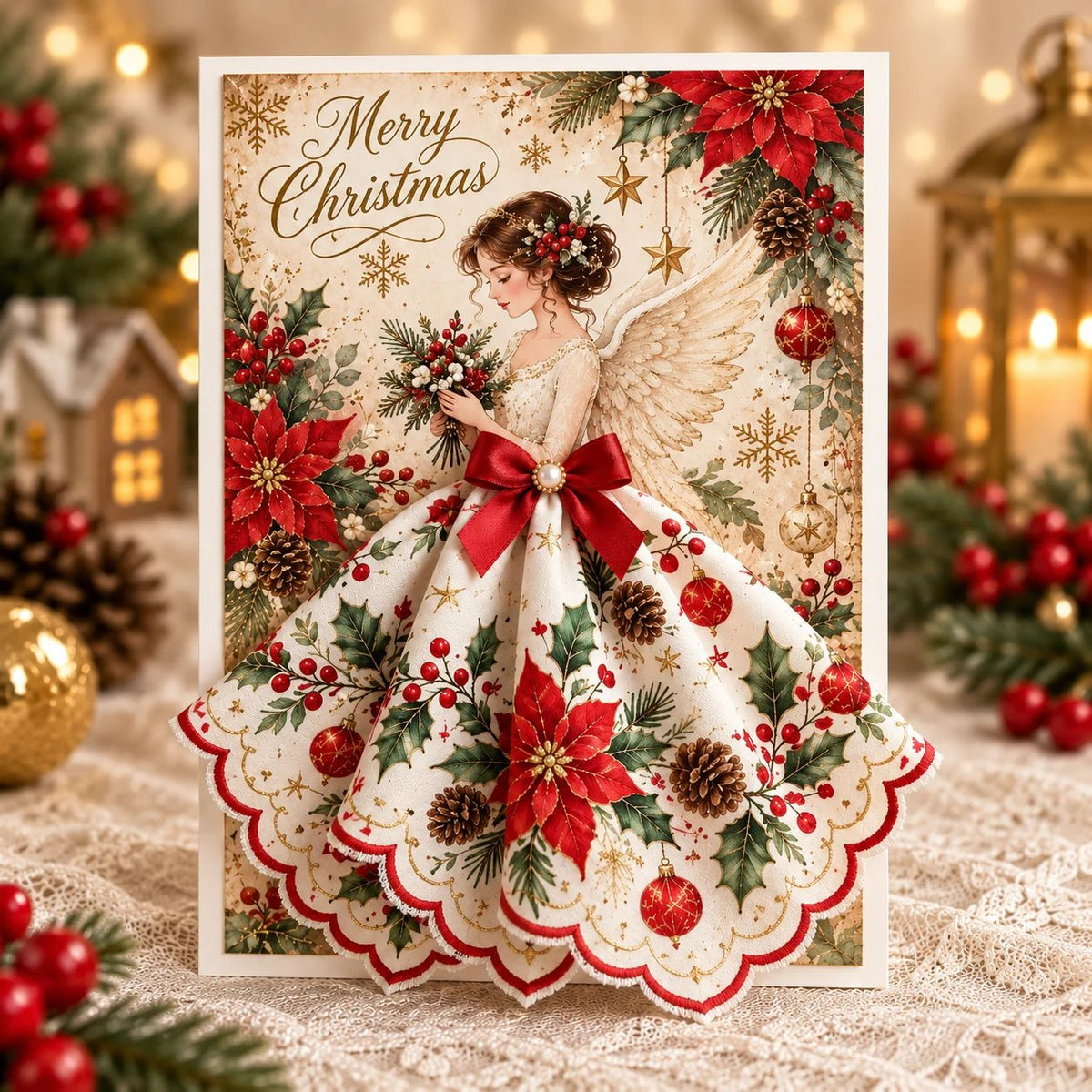 Poinsettia 3D Angel Christmas Card