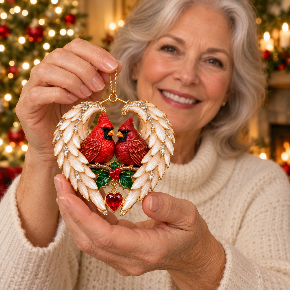 Woman holding Cardinal Angel Wing Heart Ornament