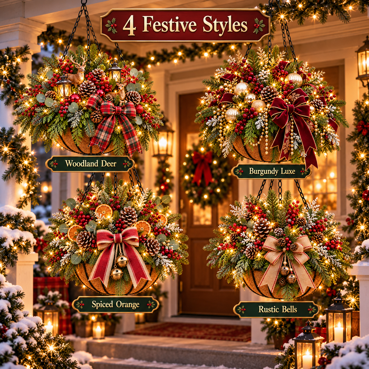 Four Christmas hanging basket styles