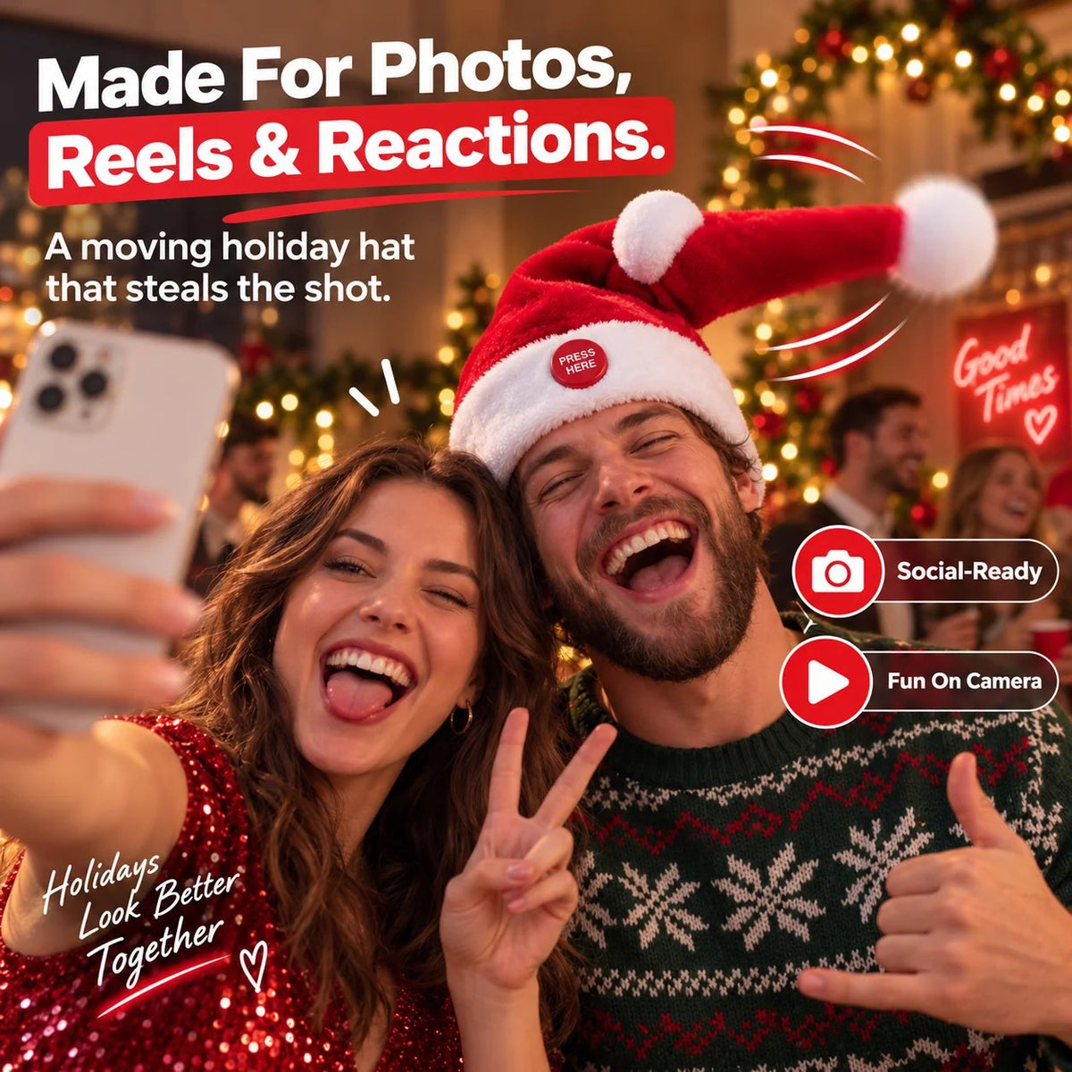 Funny animated Santa hat Christmas selfie