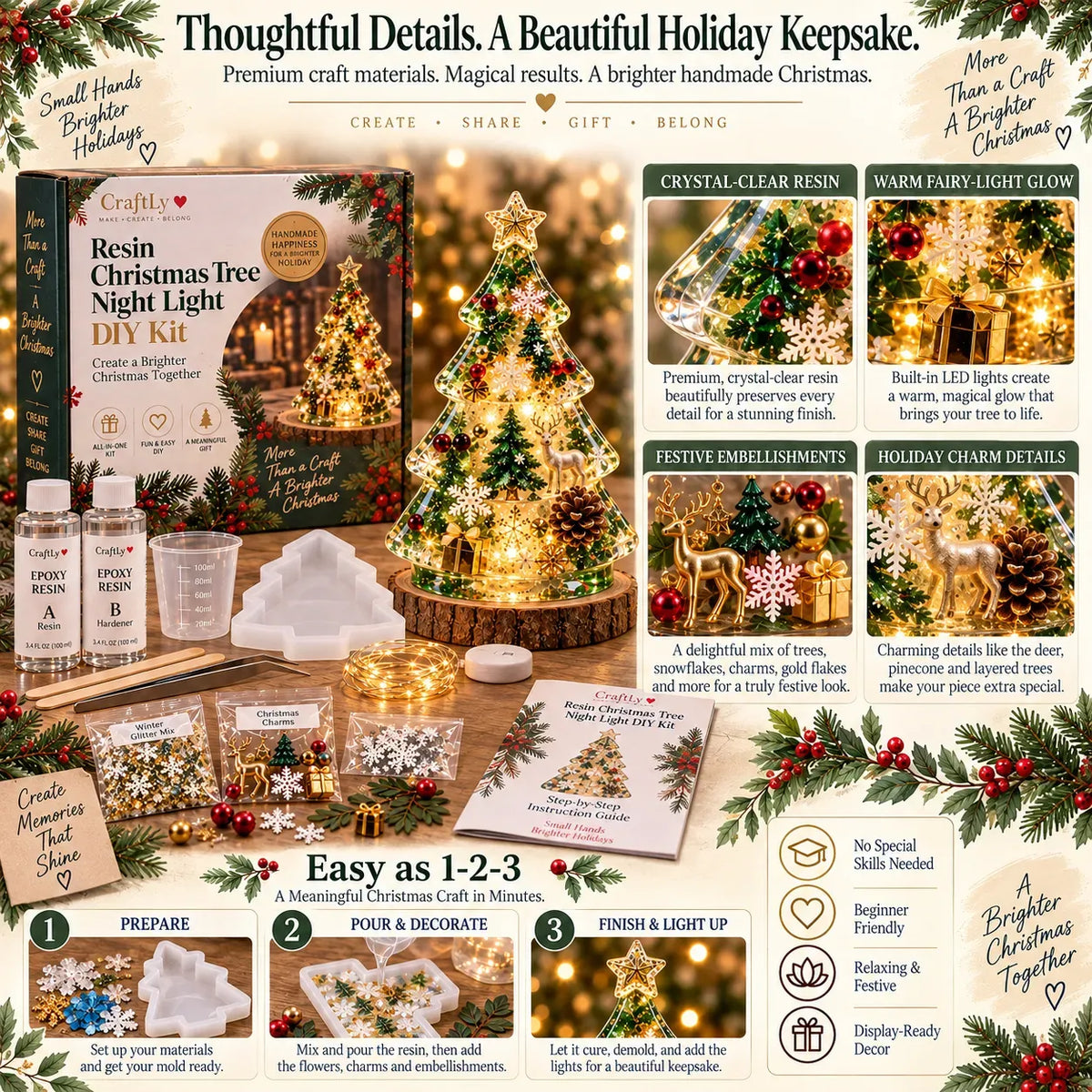 🎄Beginner-Friendly Resin Christmas Tree Night Light DIY Kit | Complete Kit with Mold, Resin, Fairy Lights & Festive Decorations ✨
