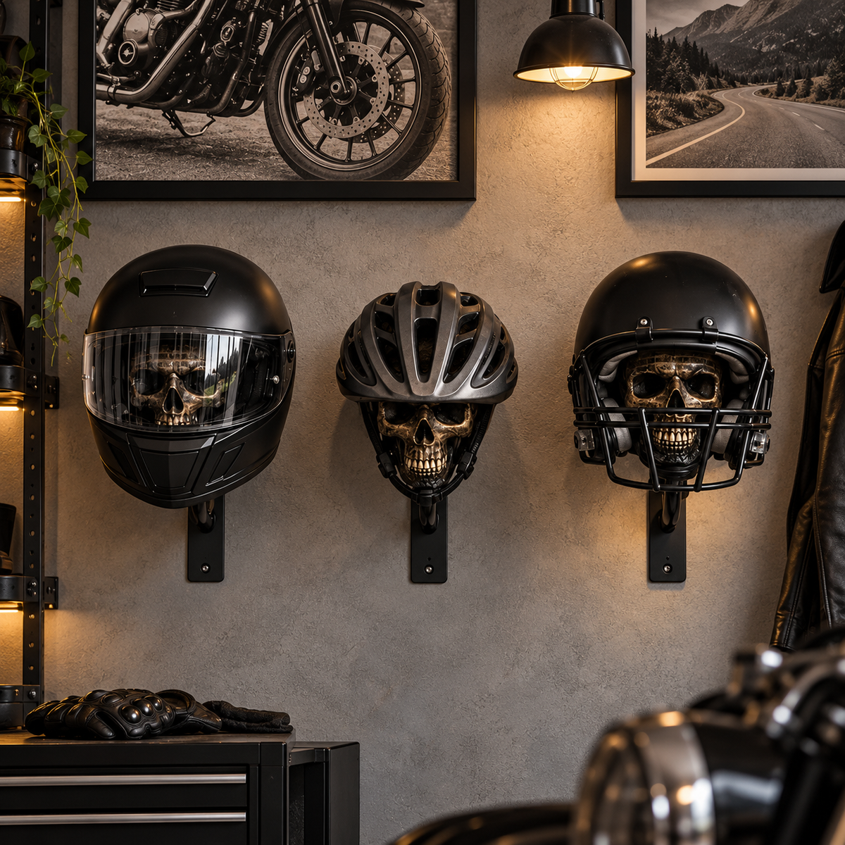 Motorcycle helmet mounted on skull wall holder