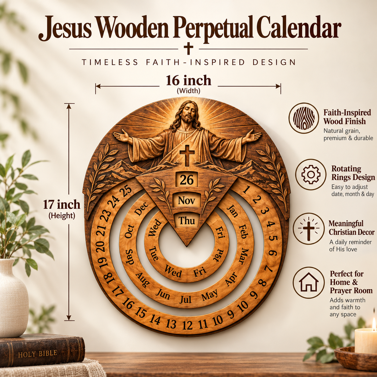 🙏 LAST DAY 50% OFF | Jesus Wooden Perpetual Calendar™ – Faith-Inspired Rotating Date Calendar & Meaningful Christian Home Decor