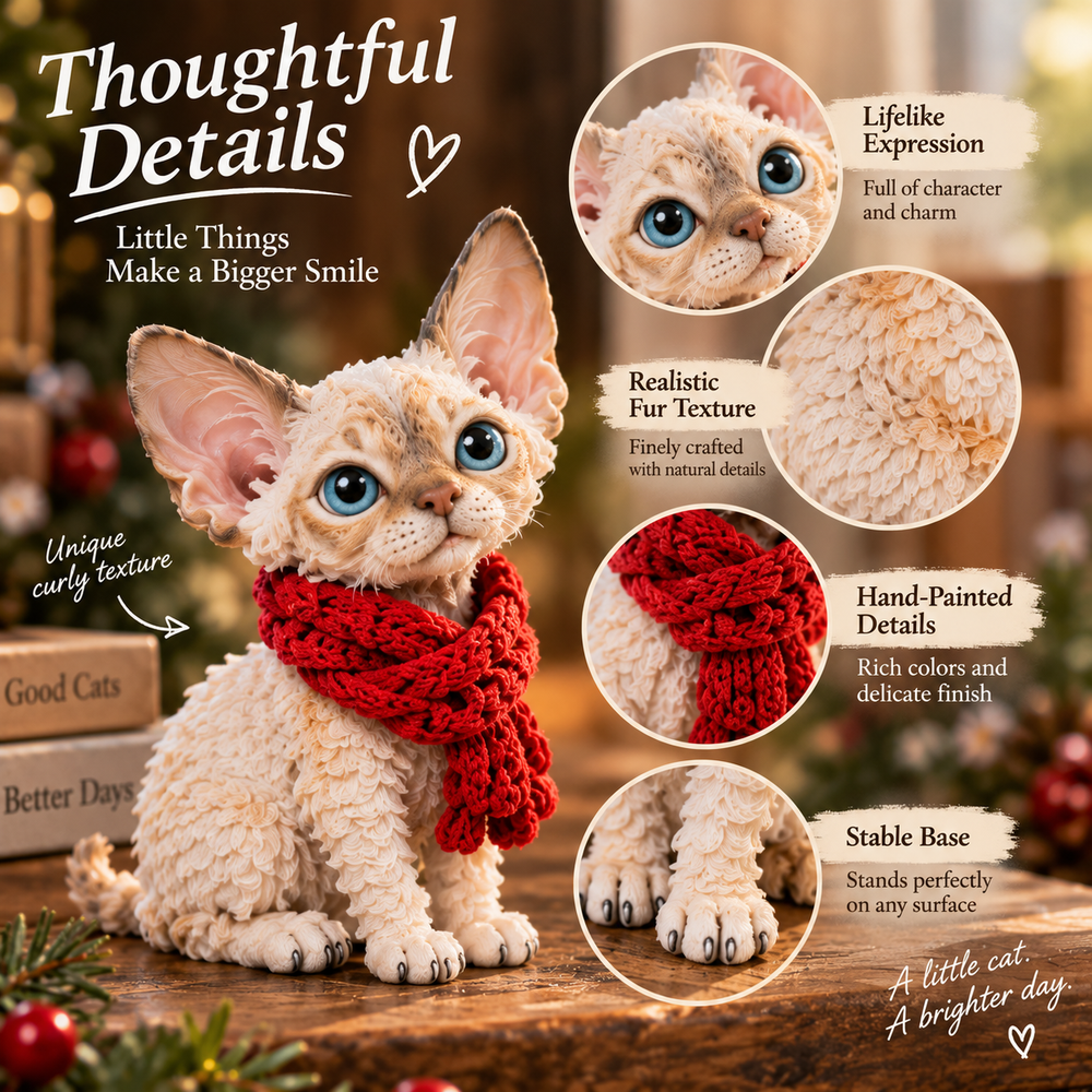 Devon Rex Christmas cat figurine details showing large eyes, ears and curly-looking fur texture