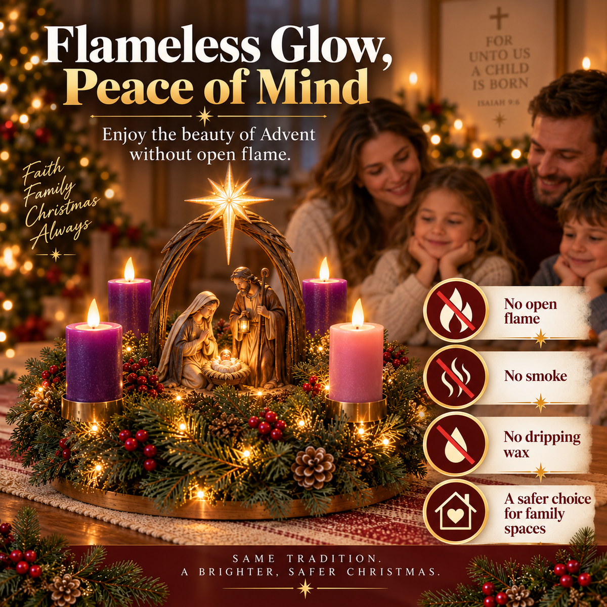 Nativity scene and Bethlehem Star in Advent wreath