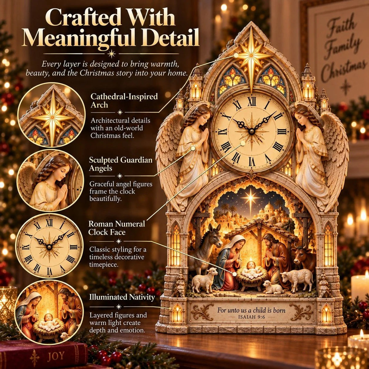 ✝️ Bethlehem Cathedral Nativity Clock | Lighted Christmas Centerpiece