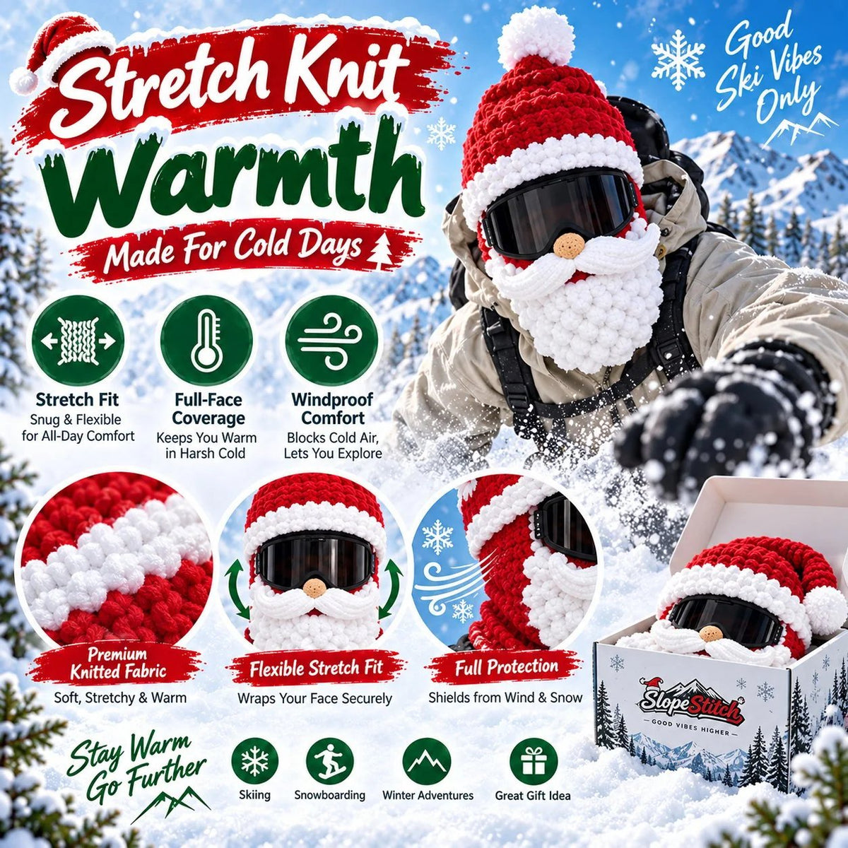 Santa Christmas ski mask stretch knit warmth features