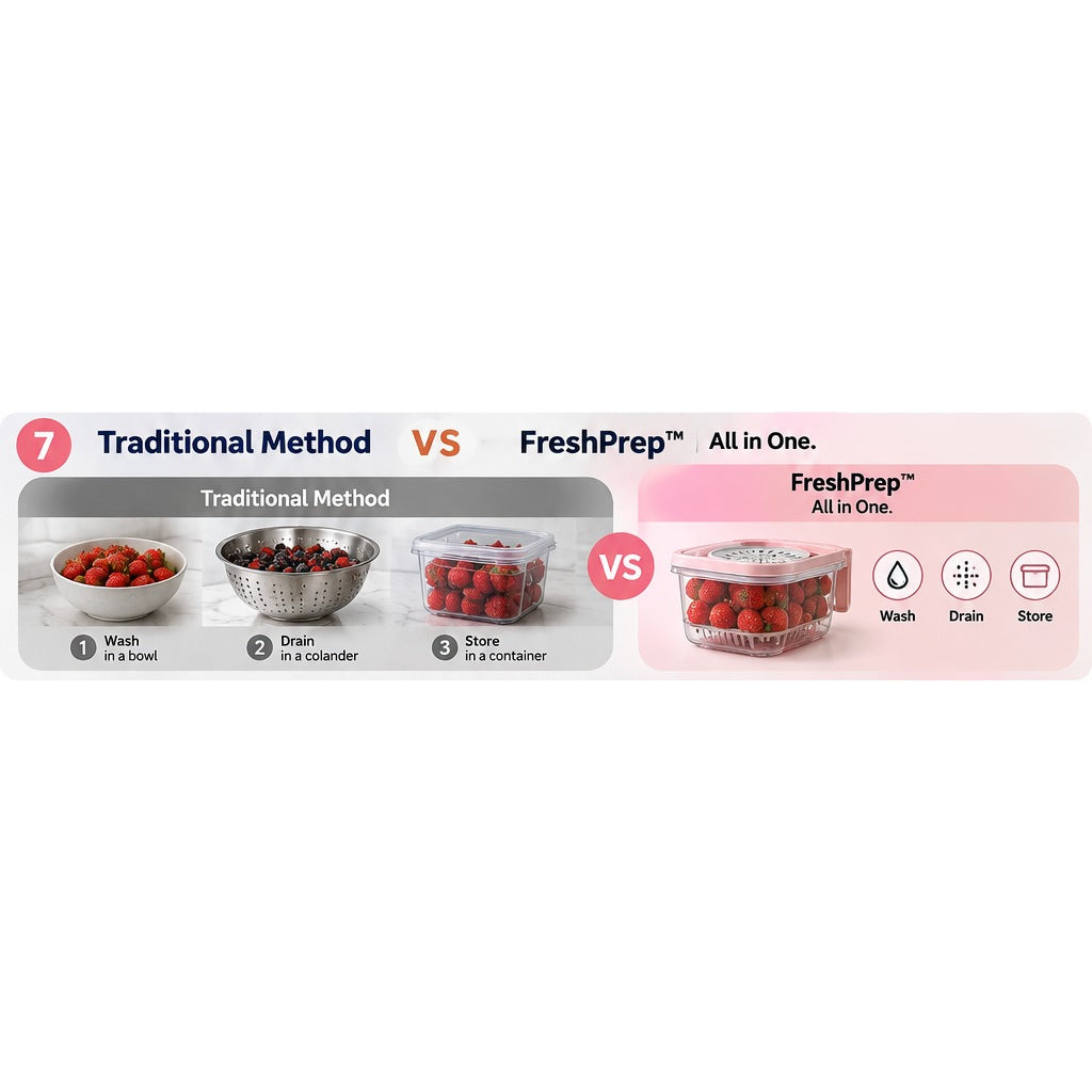 Woman washing grapes directly in FreshPrep container