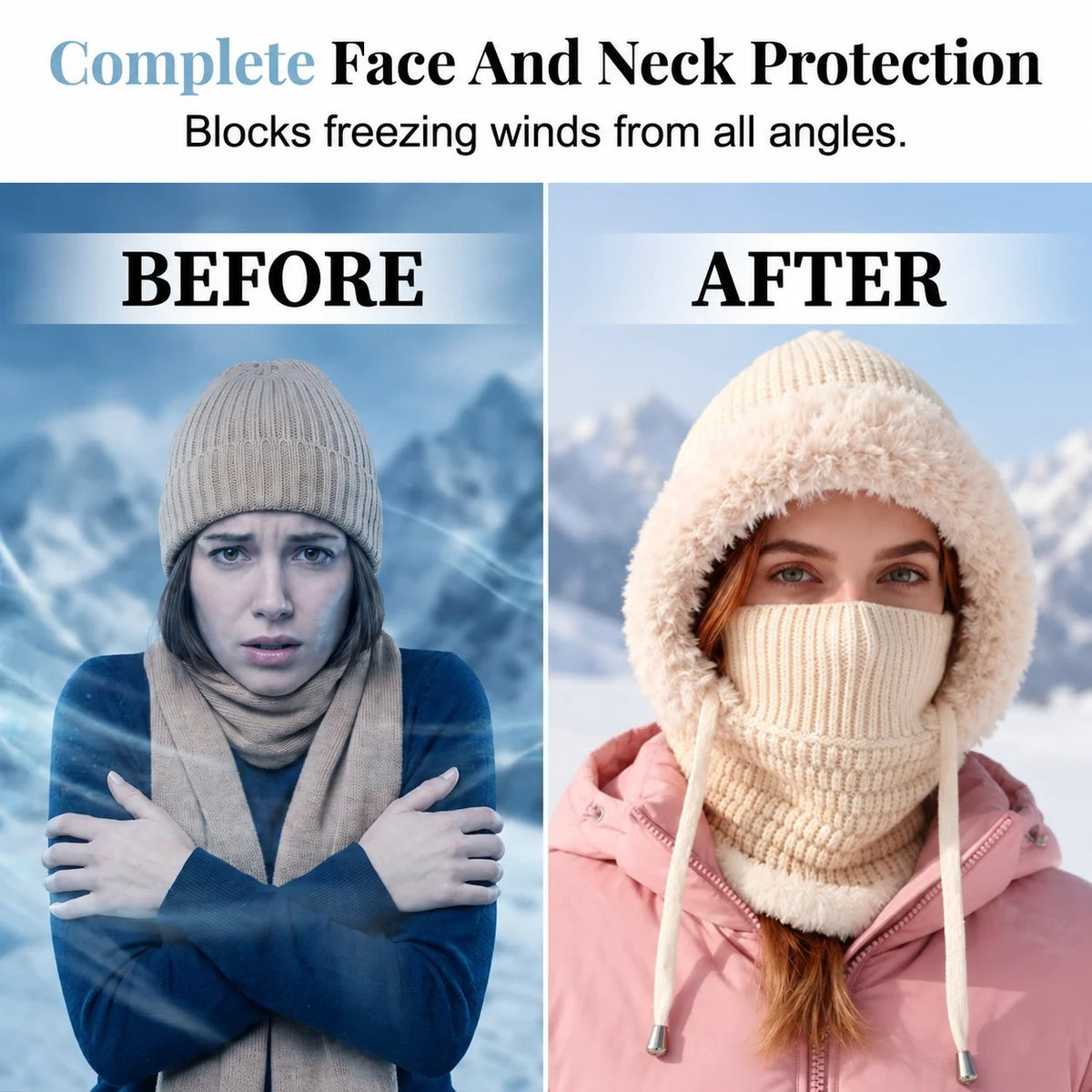 Before and after winter face and neck coverage