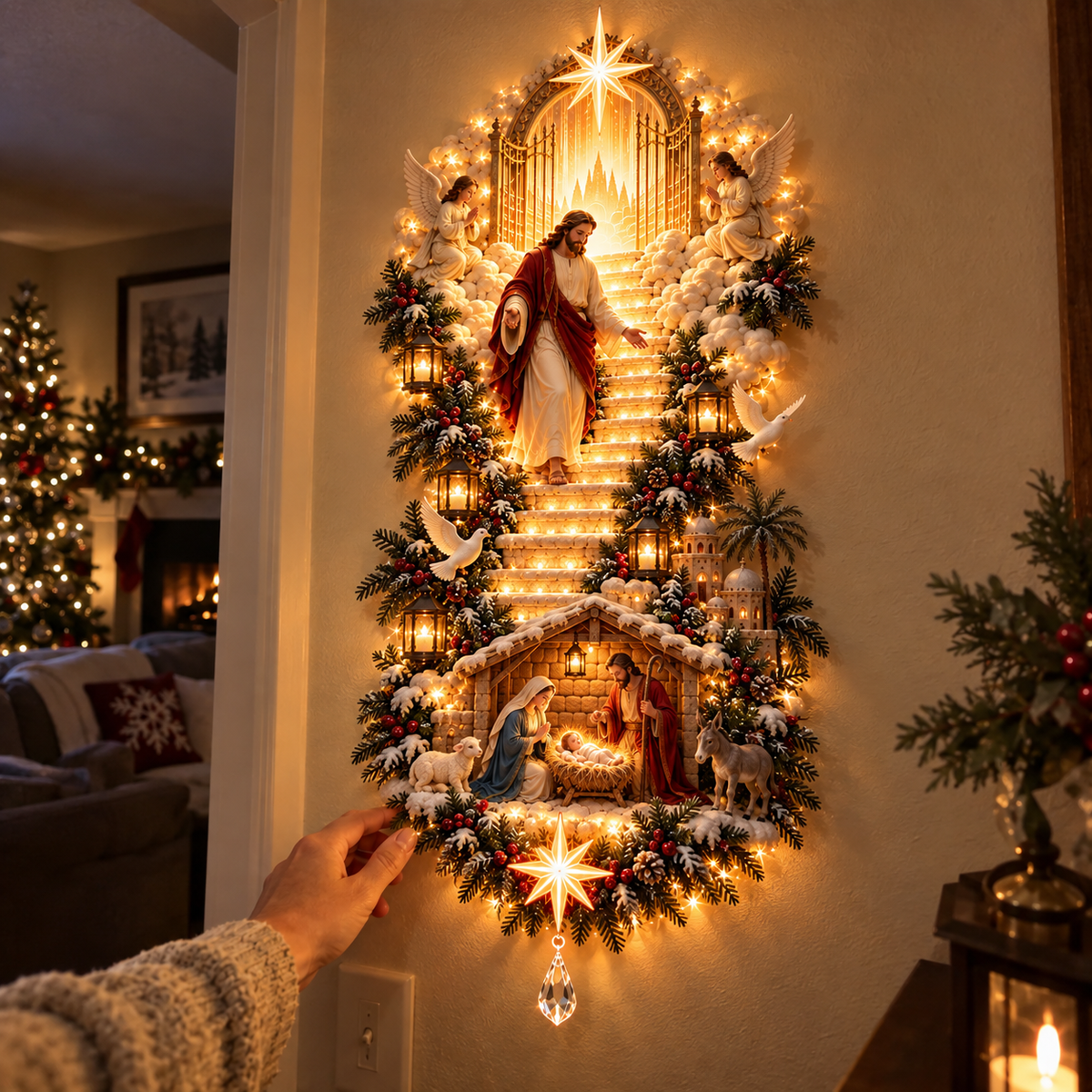Hand beside illuminated Jesus Light of Heaven wall hanging
