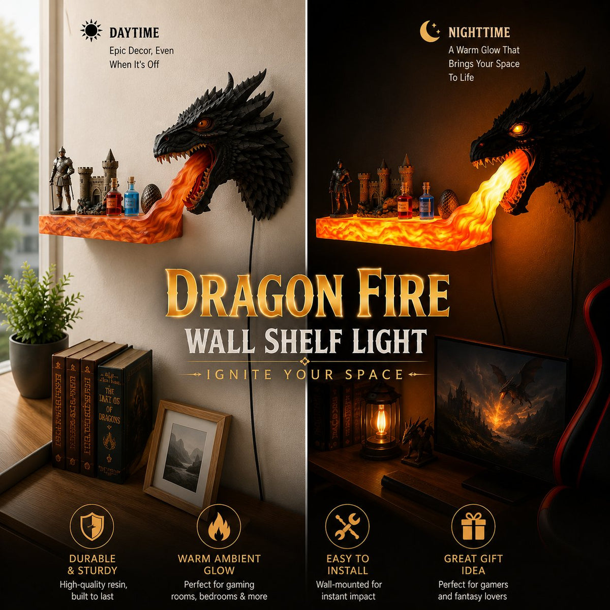 Ordinary shelf compared with illuminated dragon shelf