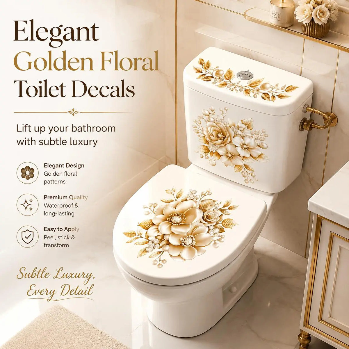 🔥 Limited-Time 49% OFF 🌸3 Piece Golden Floral Toilet Stickers – Pearl-Inspired Bathroom Decals