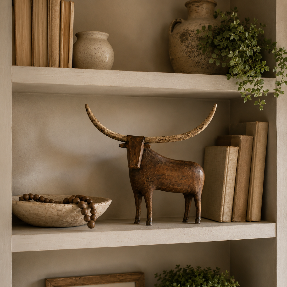 Longhorn sculpture styled on bookshelf
