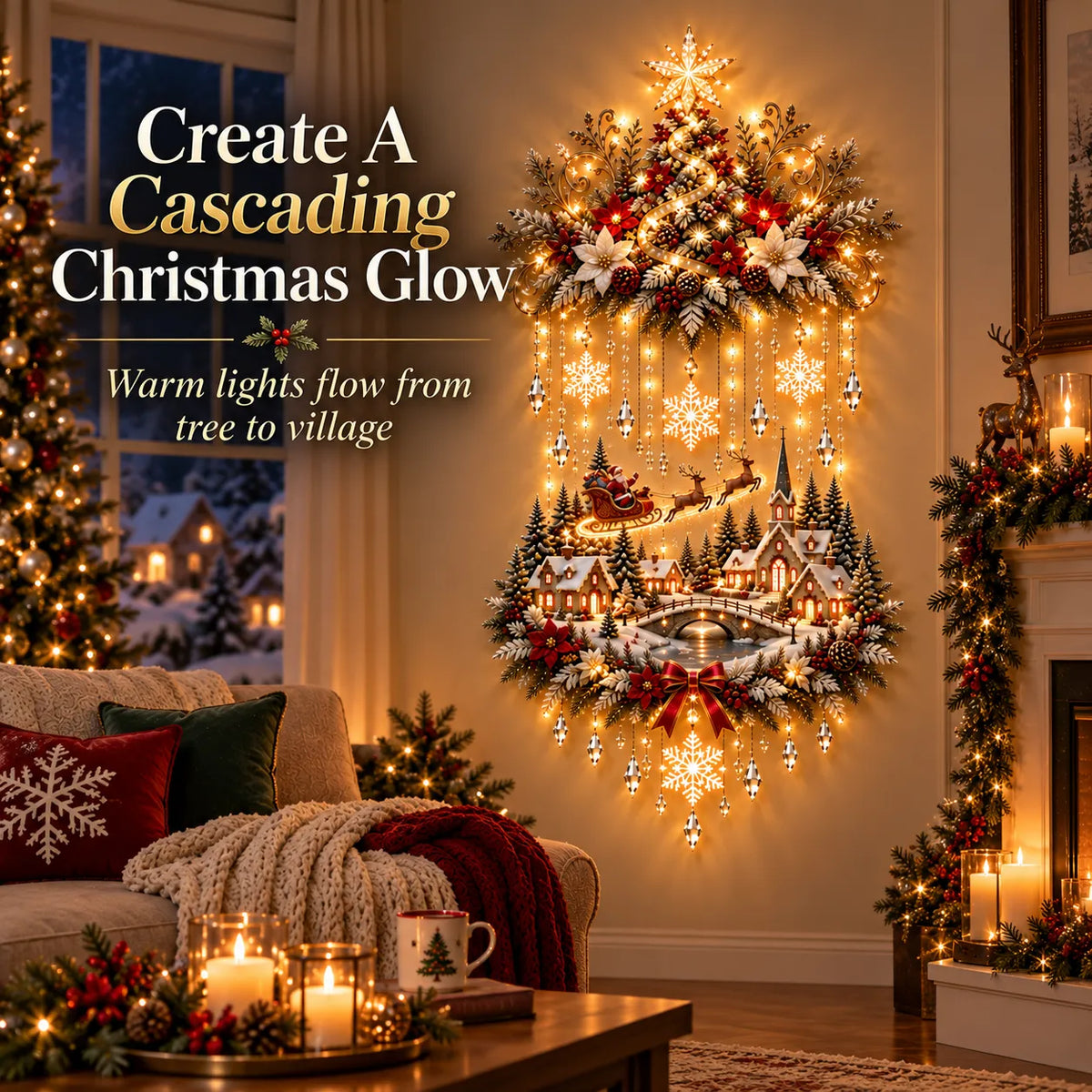 Christmas tree village hanging with cascading warm lights