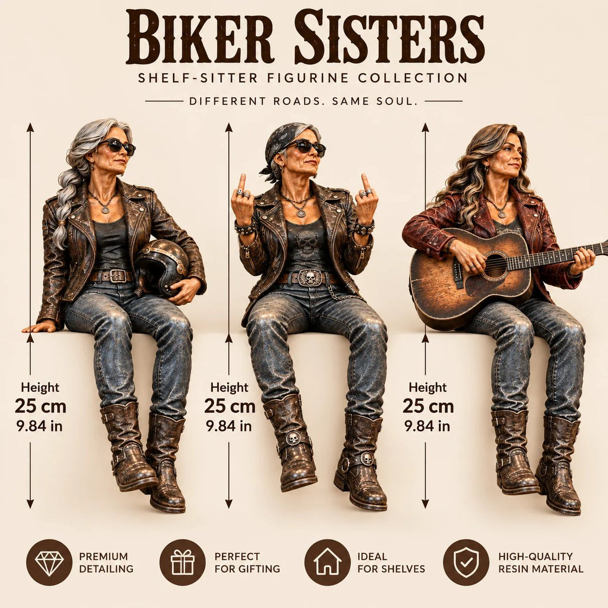🔥 LAST DAY 50% OFF 🔥🏍️ Old Biker Soul™ – “Women Ride Too” Shelf-Sitter Figurine with Silver Hair, Leather-Look Jacket & Motorcycle Helmet ✨