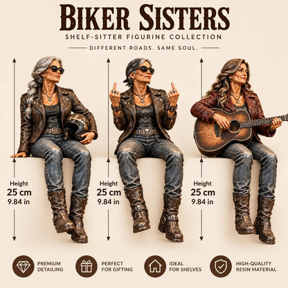 🔥 LAST DAY 50% OFF 🔥🏍️ Old Biker Soul™ – “Women Ride Too” Shelf-Sitter Figurine with Silver Hair, Leather-Look Jacket & Motorcycle Helmet ✨