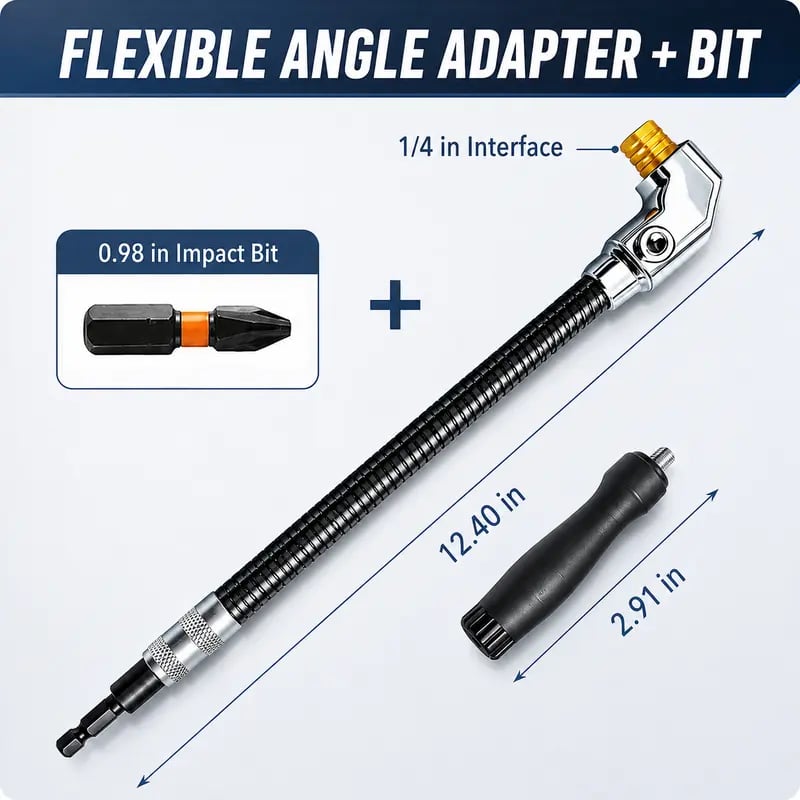 90-Degree Right Angle Drill Adapter Kit, Flexible Extension Shaft With Detachable Handle