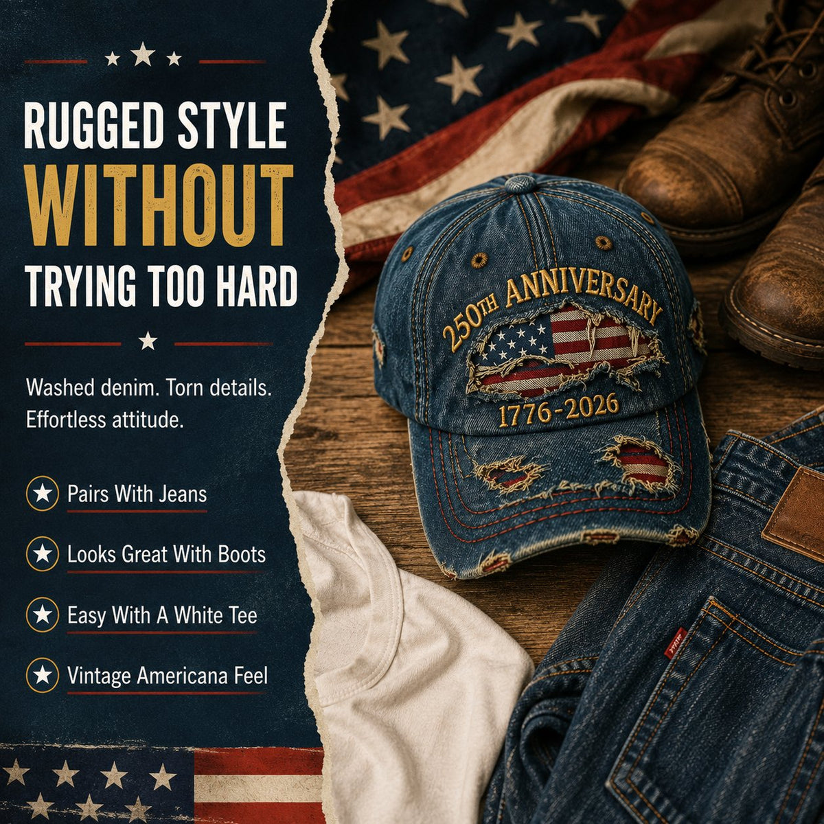 🔥 Limited-Time 49% OFF | 🇺🇸 America 250™ 1776–2026 Distressed Denim Baseball Cap – Heritage Edition 🧢