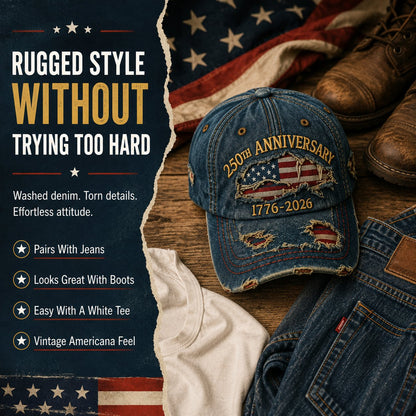 🔥 Limited-Time 49% OFF | 🇺🇸 America 250™ 1776–2026 Distressed Denim Baseball Cap – Heritage Edition 🧢