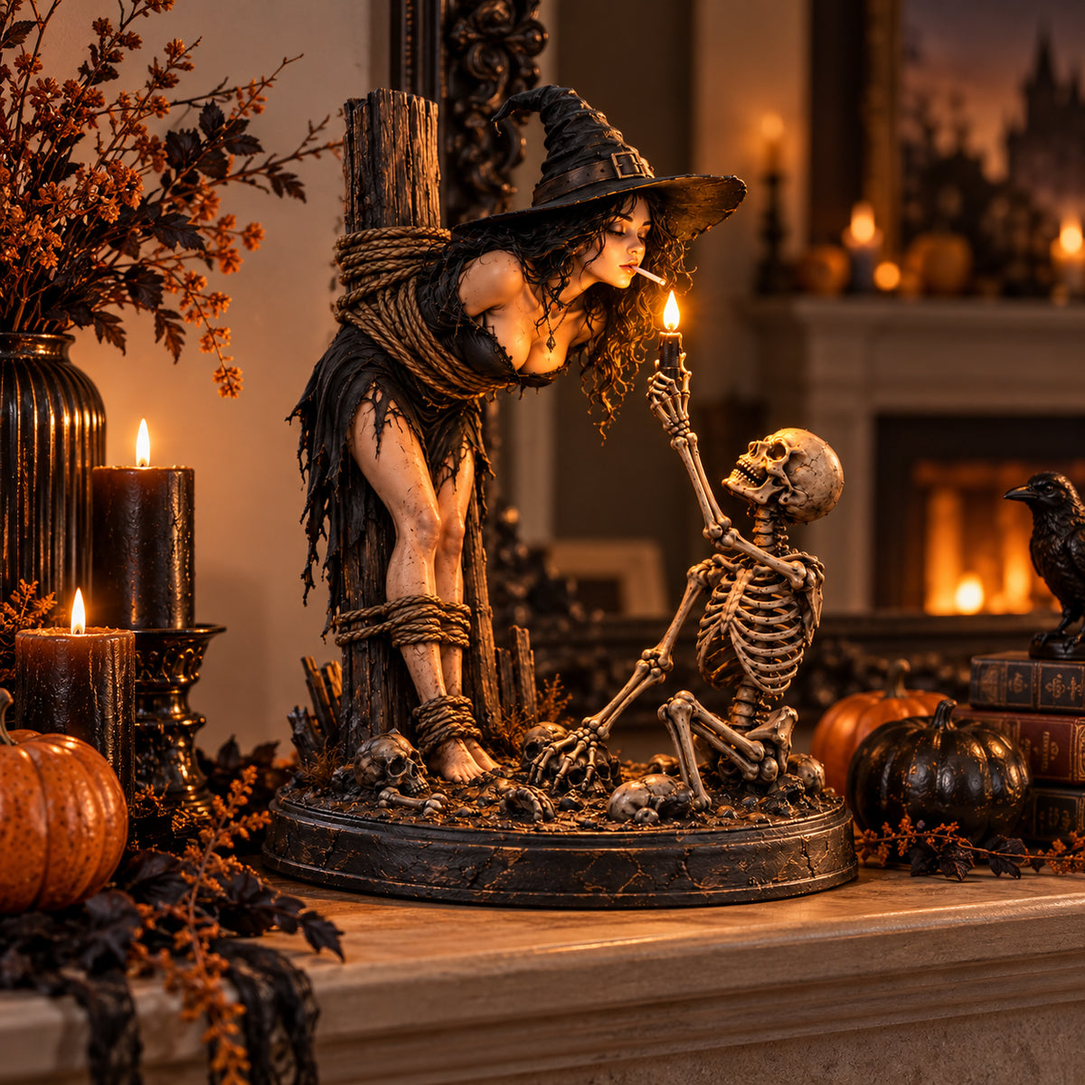 🎃 LIMITED-TIME 50% OFF | Witch’s Last Light™ – Gothic Witch & Skeleton Candle Scene Halloween Decor