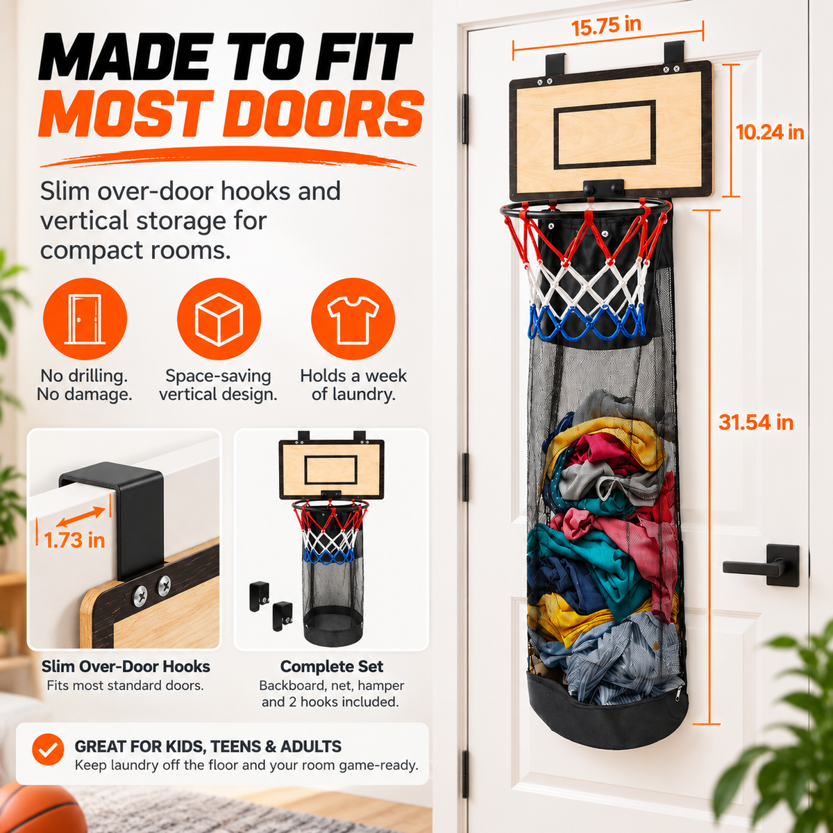 Basketball laundry hamper bedroom lifestyle scene