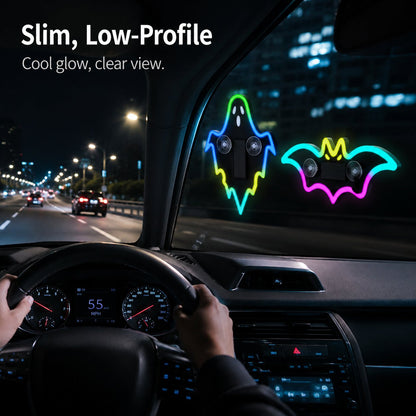 LED Glowing Bat & Ghost Car Window Light Vibration‑Sensing Spooky Cyberpunk Vehicle Light Decal for Night Drive & Halloween Car Makeover