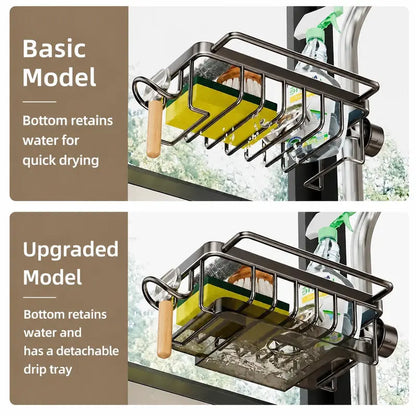 💧🧽Sink Organizer Rack,Hanging Faucet Drain Rack with Drip Tray Stainless Steel Detachable Sink Faucet Sponge Holder Over Faucet for Kitchen and Bathroom,Scrubbers, Soap,Brush