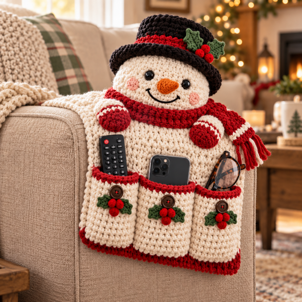 🎄 Cozy Critters™ Crochet Sofa Armrest Organizer – Cute Christmas Remote, Phone & Glasses Storage Holder