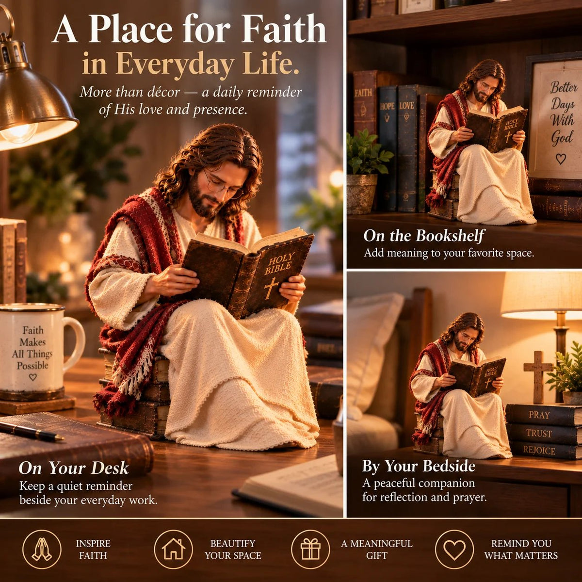 ✝️ Keep Faith Close – Jesus Reading the Bible Figurine
