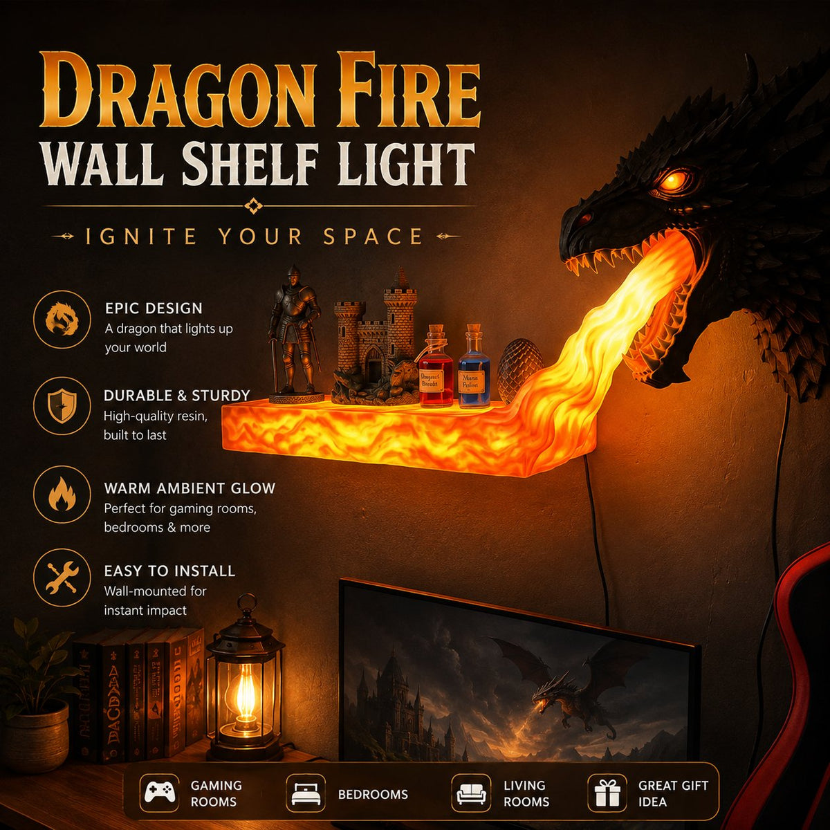 Dragonfire illuminated fantasy wall shelf