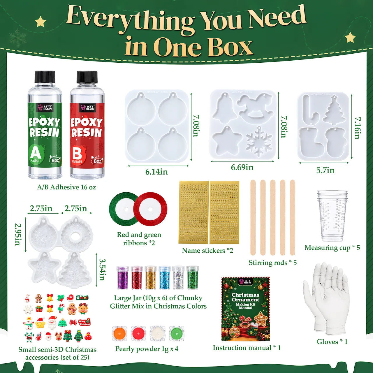 Christmas ornament making kit contents including resin molds glitter ribbons and mixing accessories