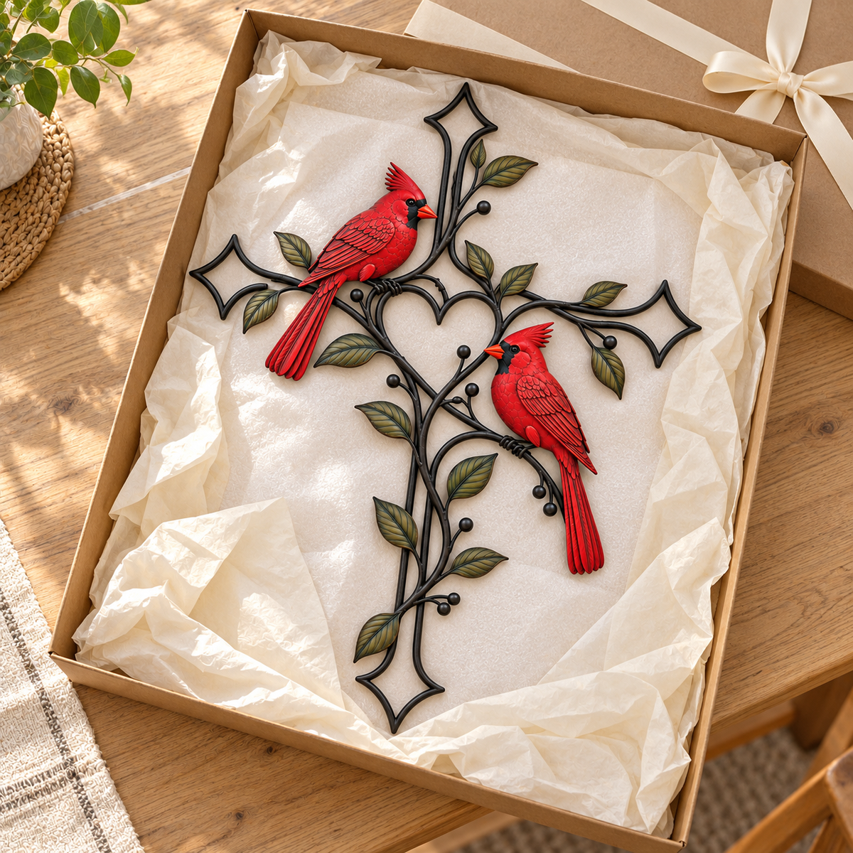 ❤️🐦 Love Stays Close – Cardinal Heart Cross Wall Decor