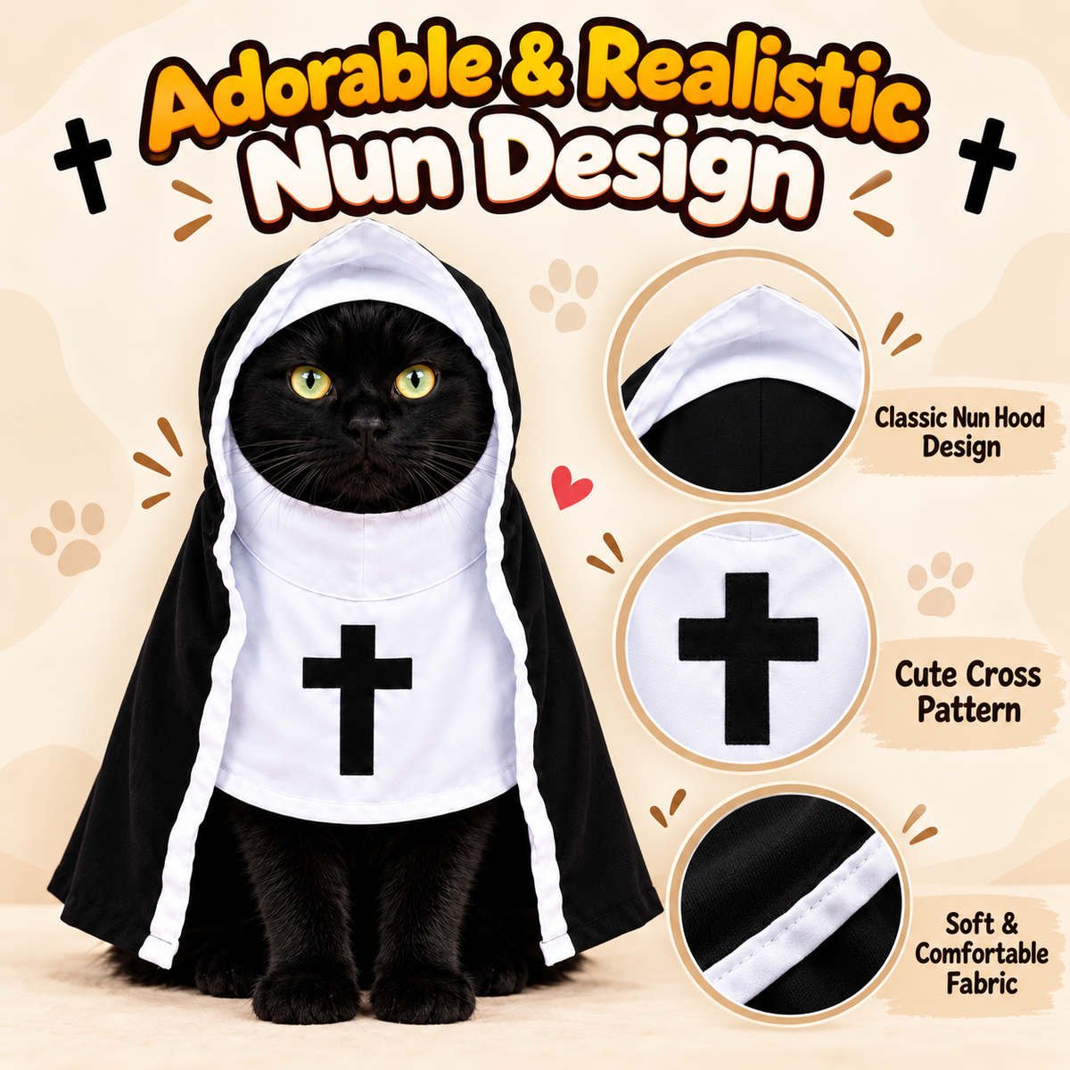 Funny Nun Pet Costume – Hooded Halloween Robe for Cats & Small Dogs, Photo & Party Costume