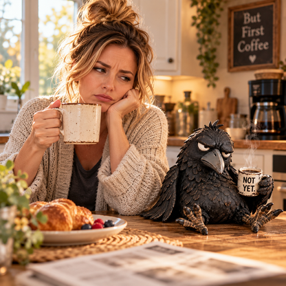 Grumpy Coffee Raven Figurine – “Not Yet” Funny Morning Decor