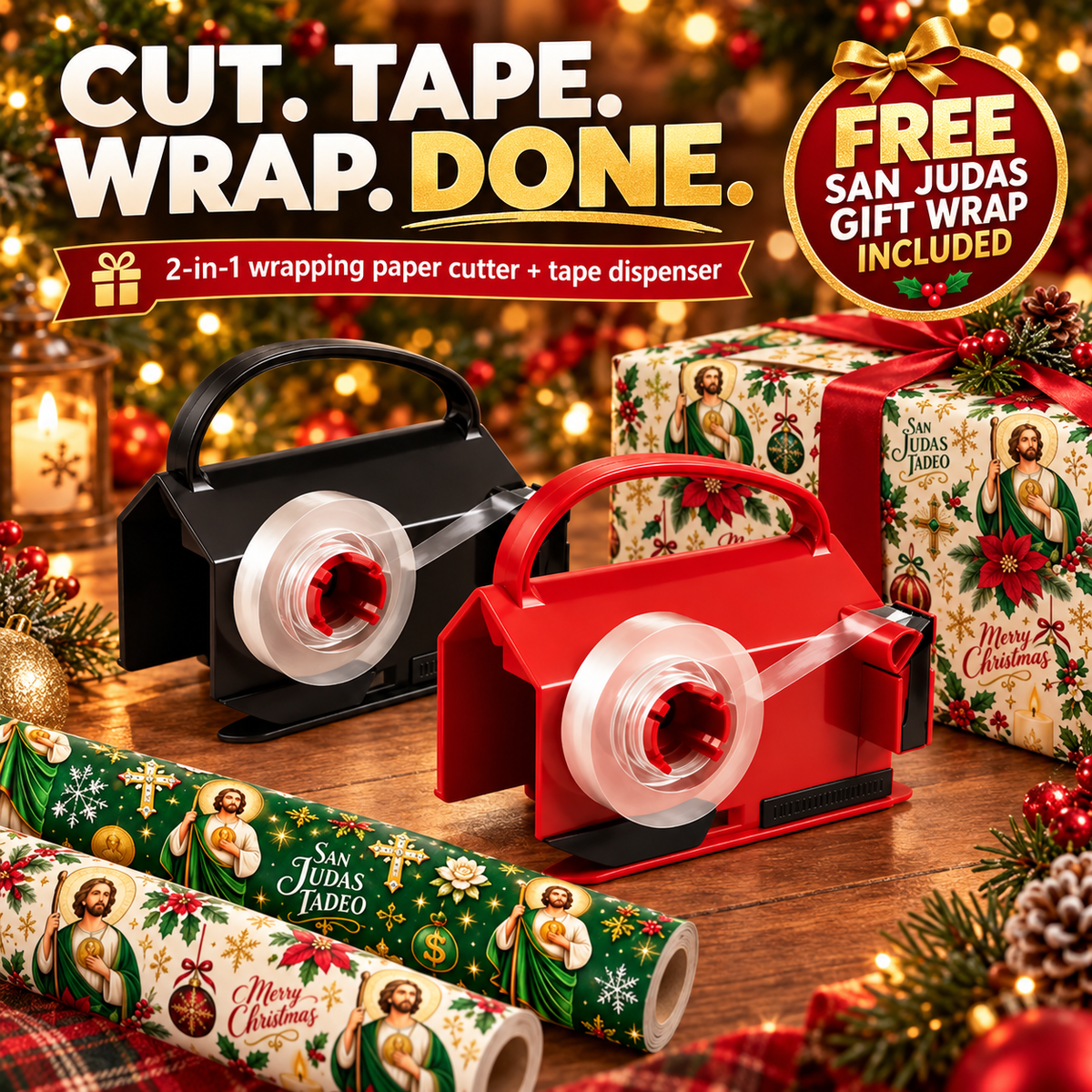 🎁 Buy 1 Get 1 FREE | 2-in-1 Gift Wrap Cutter & Tape Dispenser + FREE San Judas Tadeo Christmas Wrapping Paper 🎄