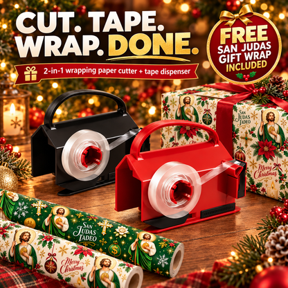🎁 Buy 1 Get 1 FREE | 2-in-1 Gift Wrap Cutter & Tape Dispenser + FREE San Judas Tadeo Christmas Wrapping Paper 🎄