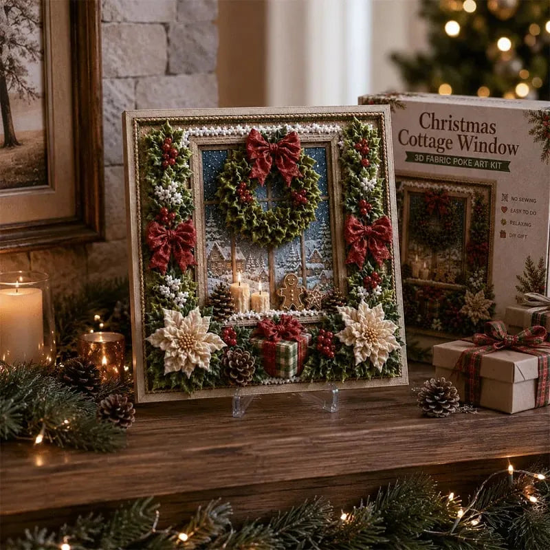 Finished Christmas Cottage Window artwork displayed on a mantel