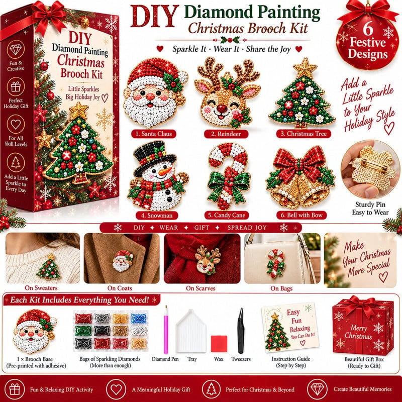 🎄Beginner-Friendly Christmas Diamond Painting Brooch DIY Kit | 6 Festive Designs with Sparkling Gems & Pin Backs 💎