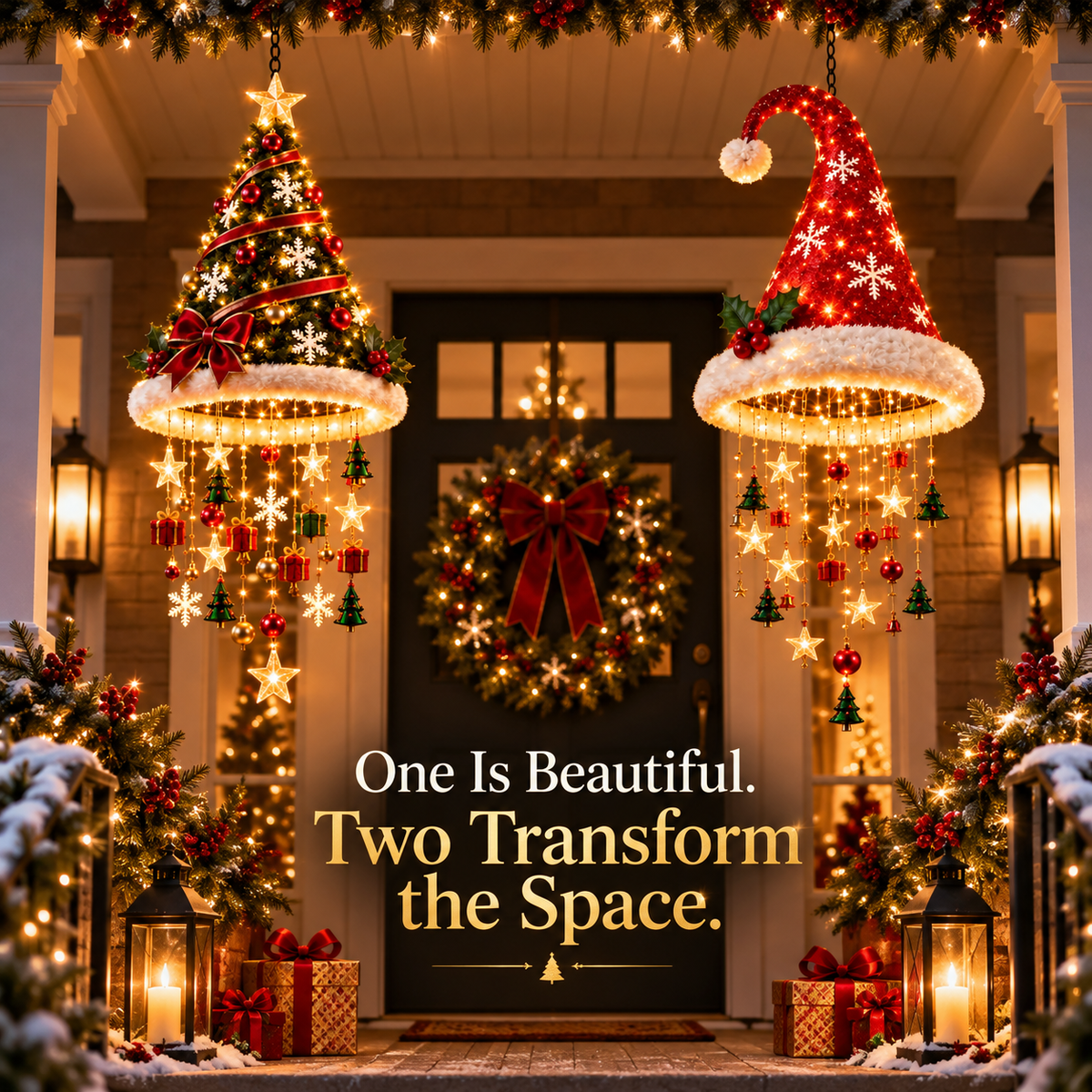 Two JingleGlow Christmas chandeliers decorating a porch