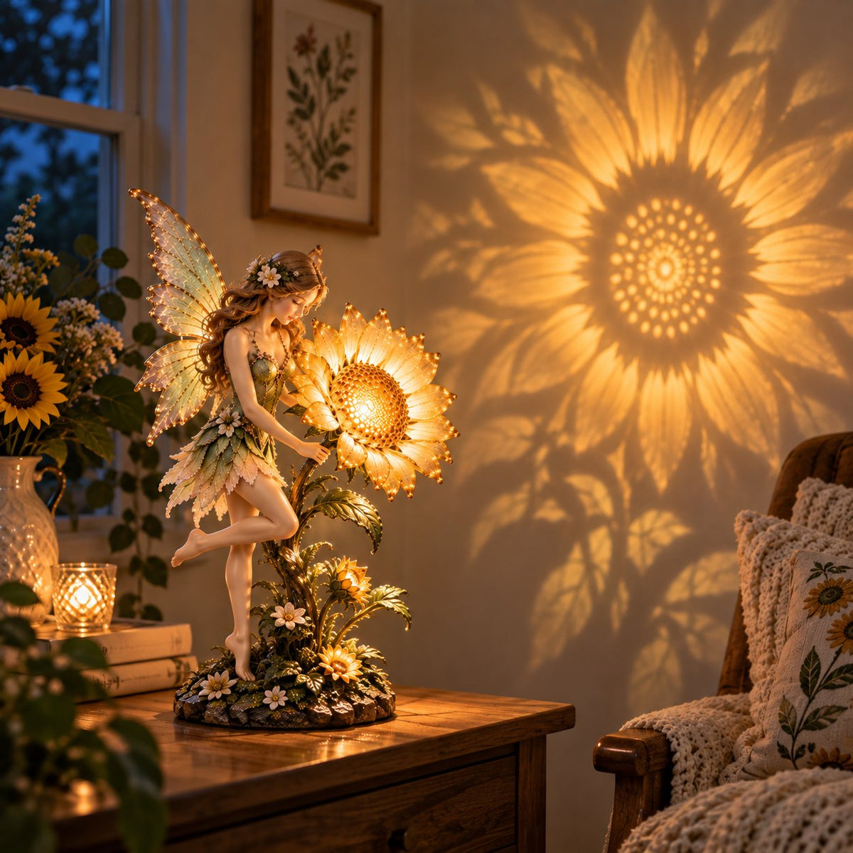 Sunflower projection on wall from fairy lamp