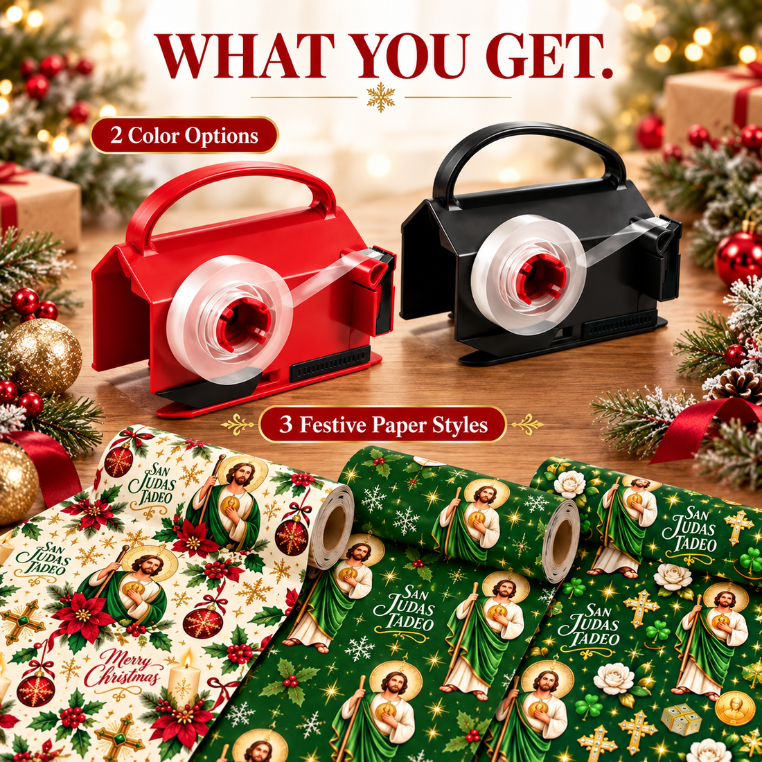 Holiday WrapMate product options including red and black cutters with Christmas wrapping paper designs