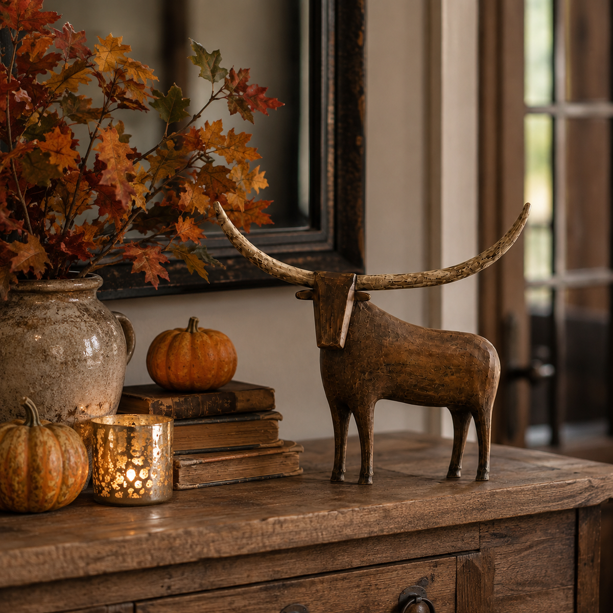 Longhorn sculpture styled with autumn decor