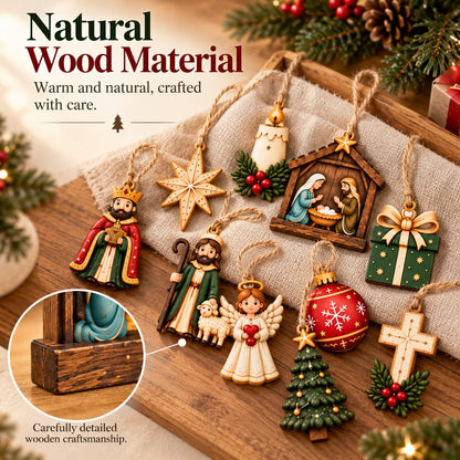 🎄 Set of 10 wooden ornaments featuring nativity and Christmas motifs