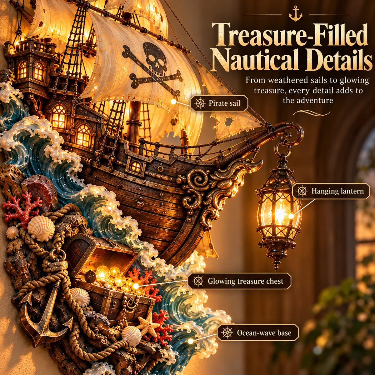 🏴‍☠️⛵🔥 Illuminated Pirate Ship Wall Lantern | Glowing Ghost Ship & Treasure Chest Sculpture, Nautical Fantasy Coastal Wall Décor