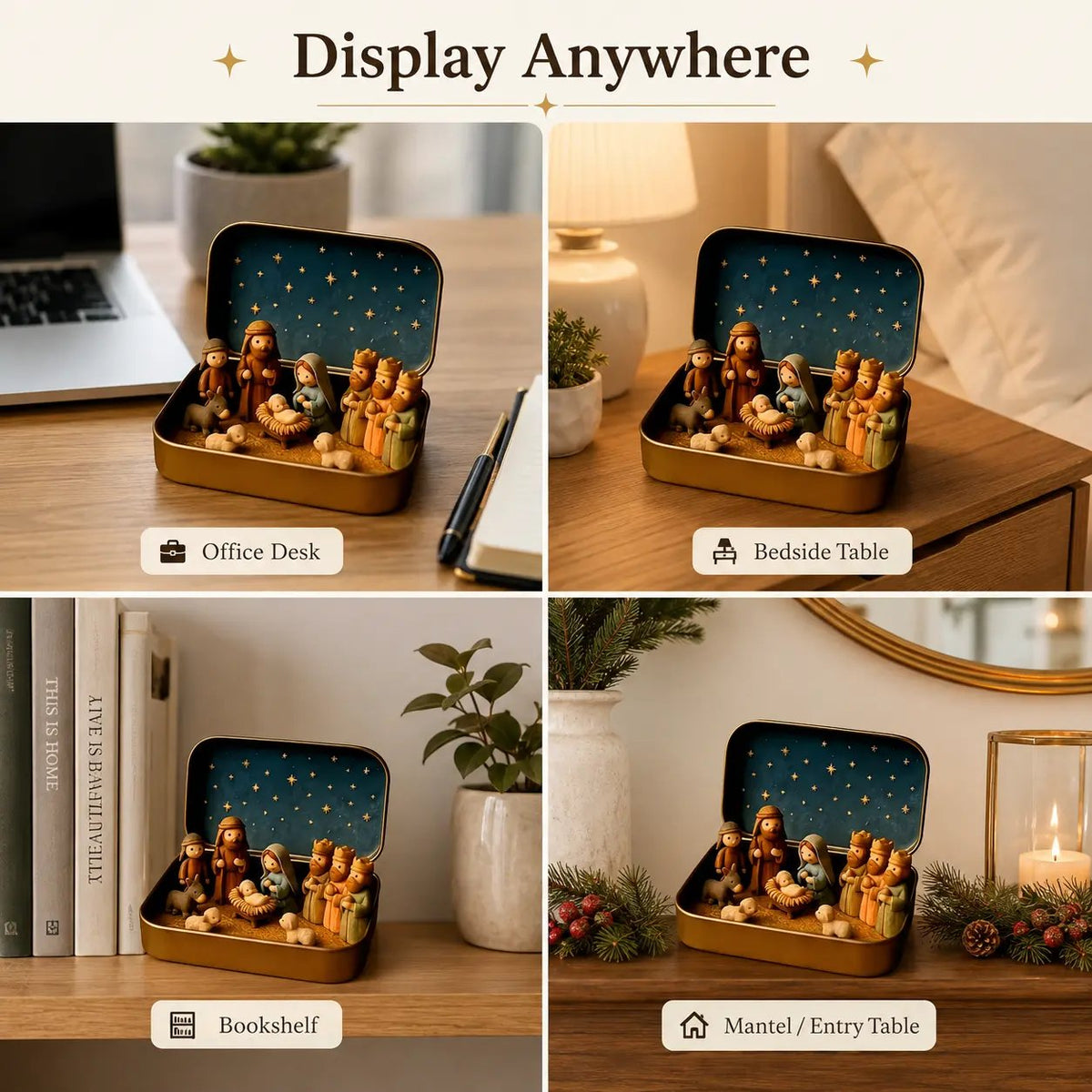 Little Bethlehem Pocket Nativity displayed in different spaces