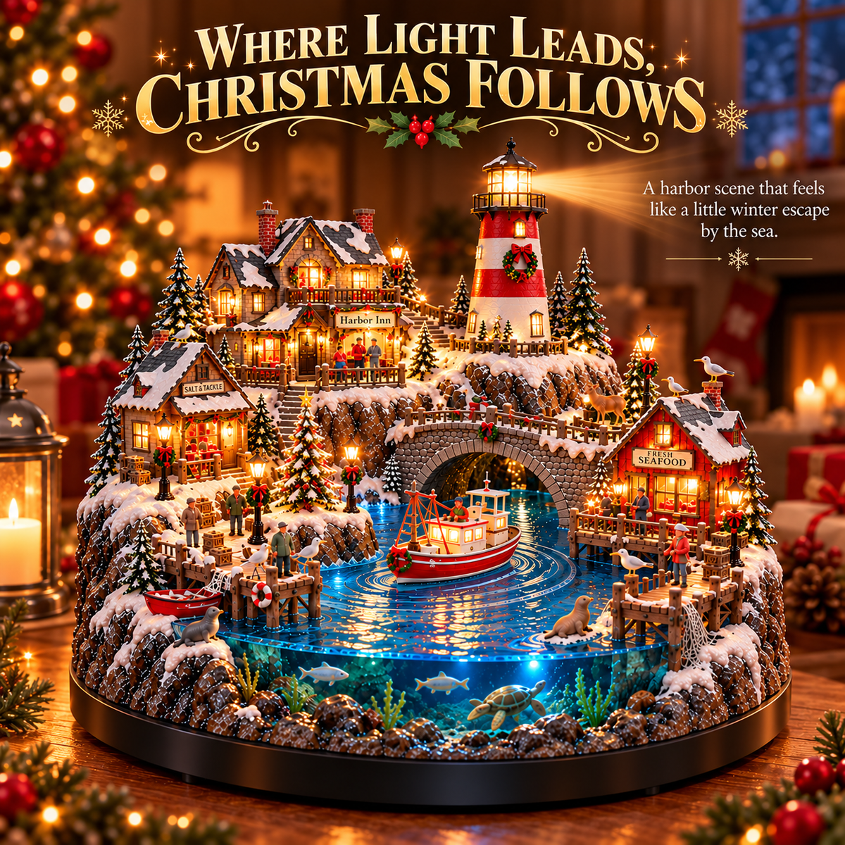 🔥 LAST DAY 50% OFF 🔥 Harborlight Christmas™ — Lighted Coastal Village with Lighthouse, Fishing Boat & Underwater Scene ✨