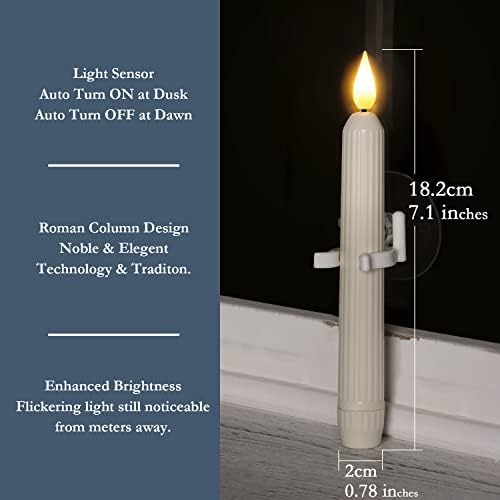 Homemory 6 Pcs Window Candles with Sensor Dusk to Dawn, Ivory Striped Candlesticks with Suction Cups, Roman Column Christmas Window Candle Battery Operated, Flameless Led Taper Candles for Windows