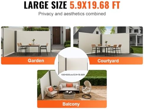 VEVOR Retractable Side Awning, UV 50 71''x236'' Rugged Full Aluminum Rust-Proof Side Awning Patio Sunshine Privacy Divider, 280 g Thicken Wind Screen, for Courtyard, Roof Terraces Pools, Beige
