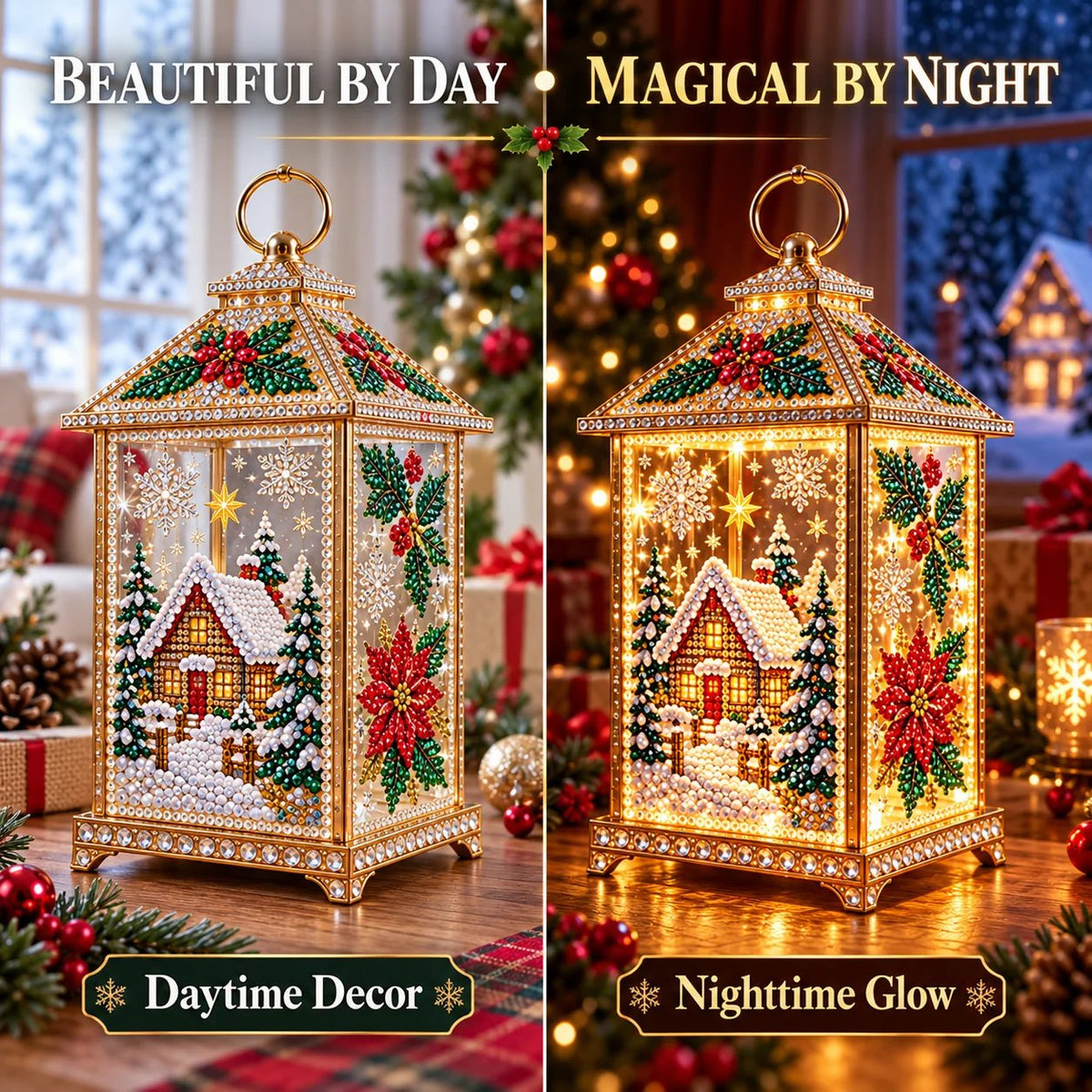 Christmas Diamond Art Lantern day and night comparison